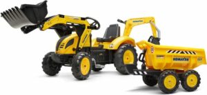 Falk Šlapací traktor 2086W Komatsu s bagrem a Maxi vyklápěcím přívěsem – žlutý